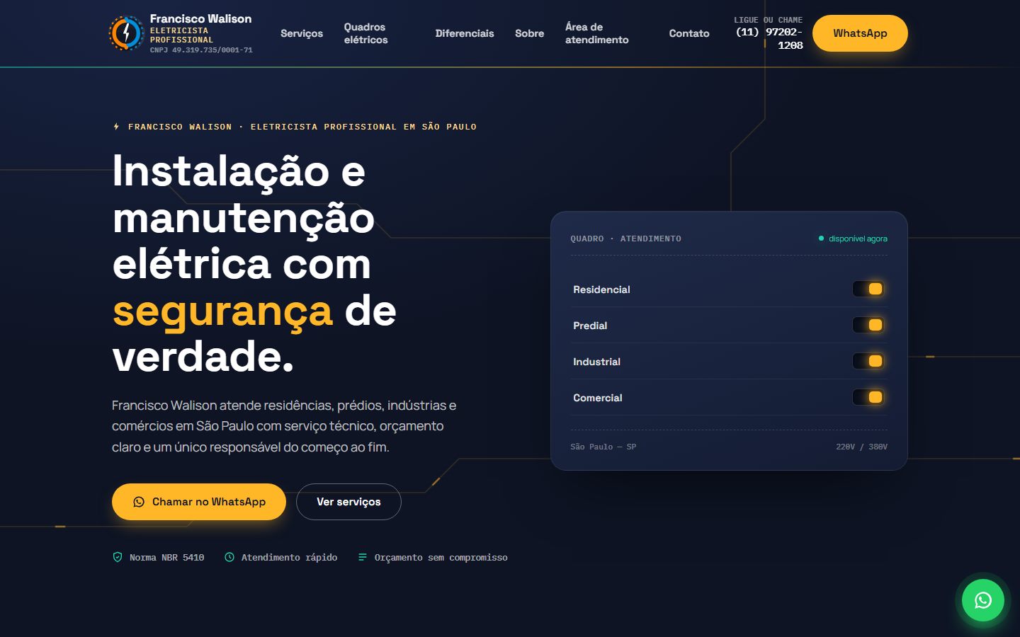 Página inicial do site: título 'Instalação e manutenção elétrica com segurança de verdade' e um painel com os tipos de atendimento.