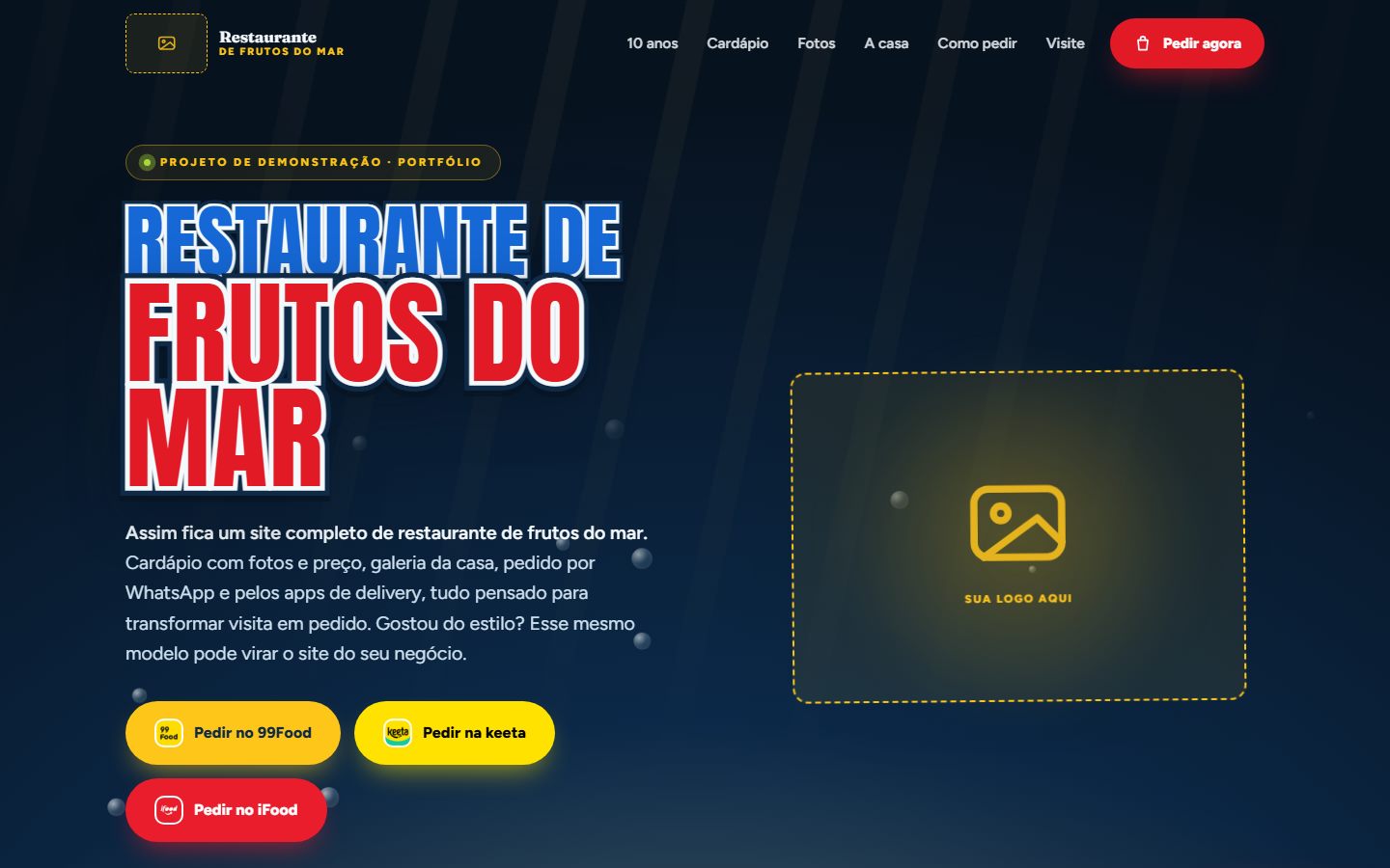 Página inicial do site fictício de restaurante de frutos do mar: herói com o espaço 'Sua logo aqui' e botões de pedido por 99Food, keeta e iFood.